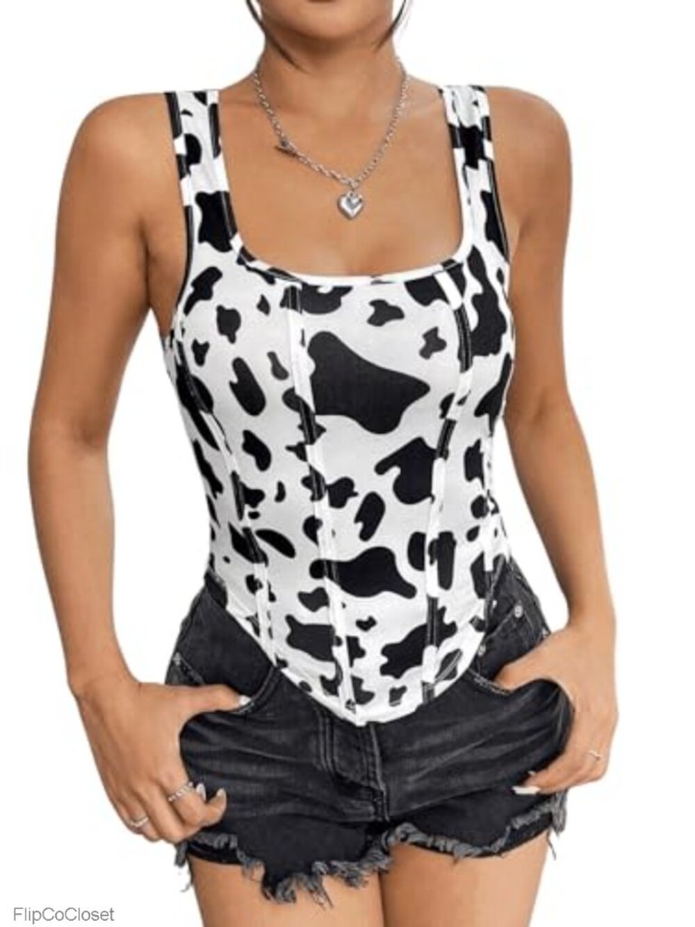 Cow Print Square Neck Sleeveless Curved Hem Casual Tank Top